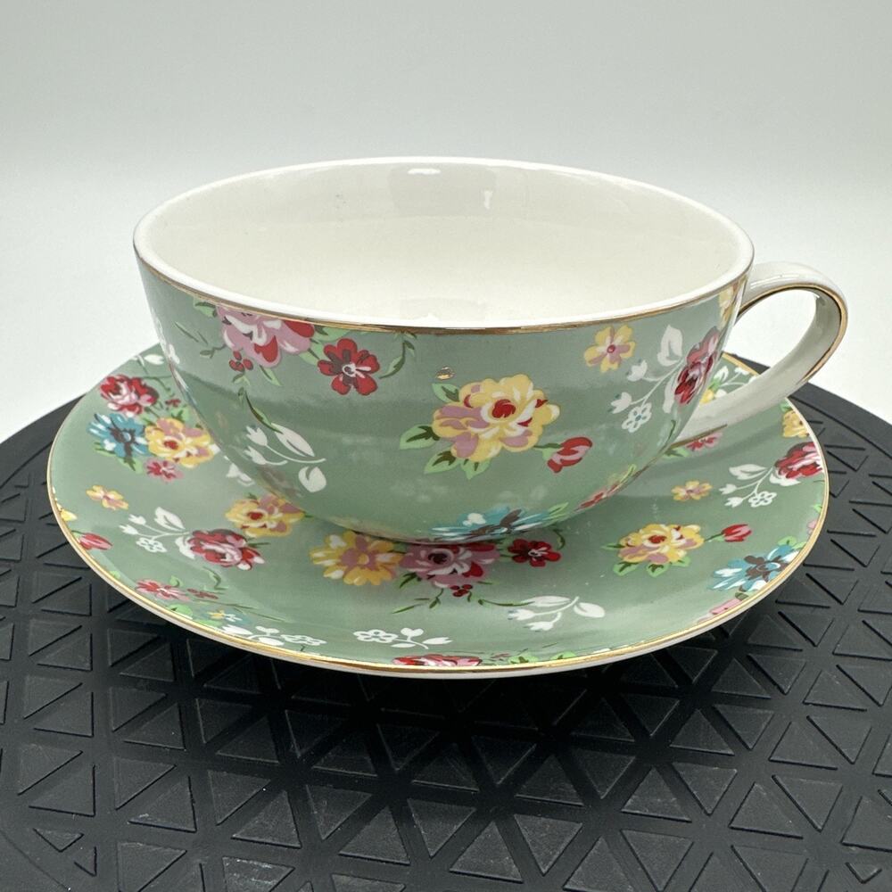 Graces Teaware Teacup & Saucer Teal Floral Gold Trim